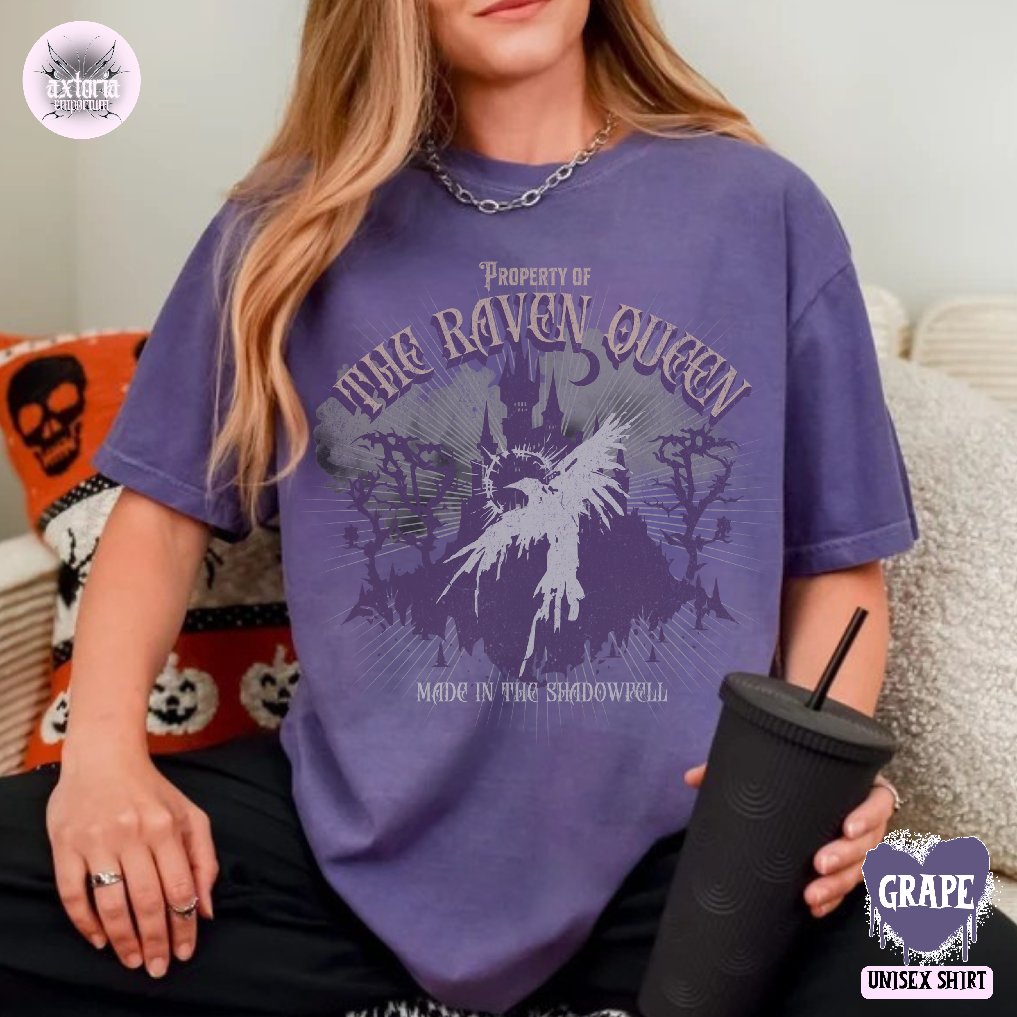 Dungeons & Dragons shirt in purple with 'The Raven Queen' graphic on a comfort colors 1717 unisex cotton t-shirt, made for DnD and TTRPG players and tabletop gaming fans