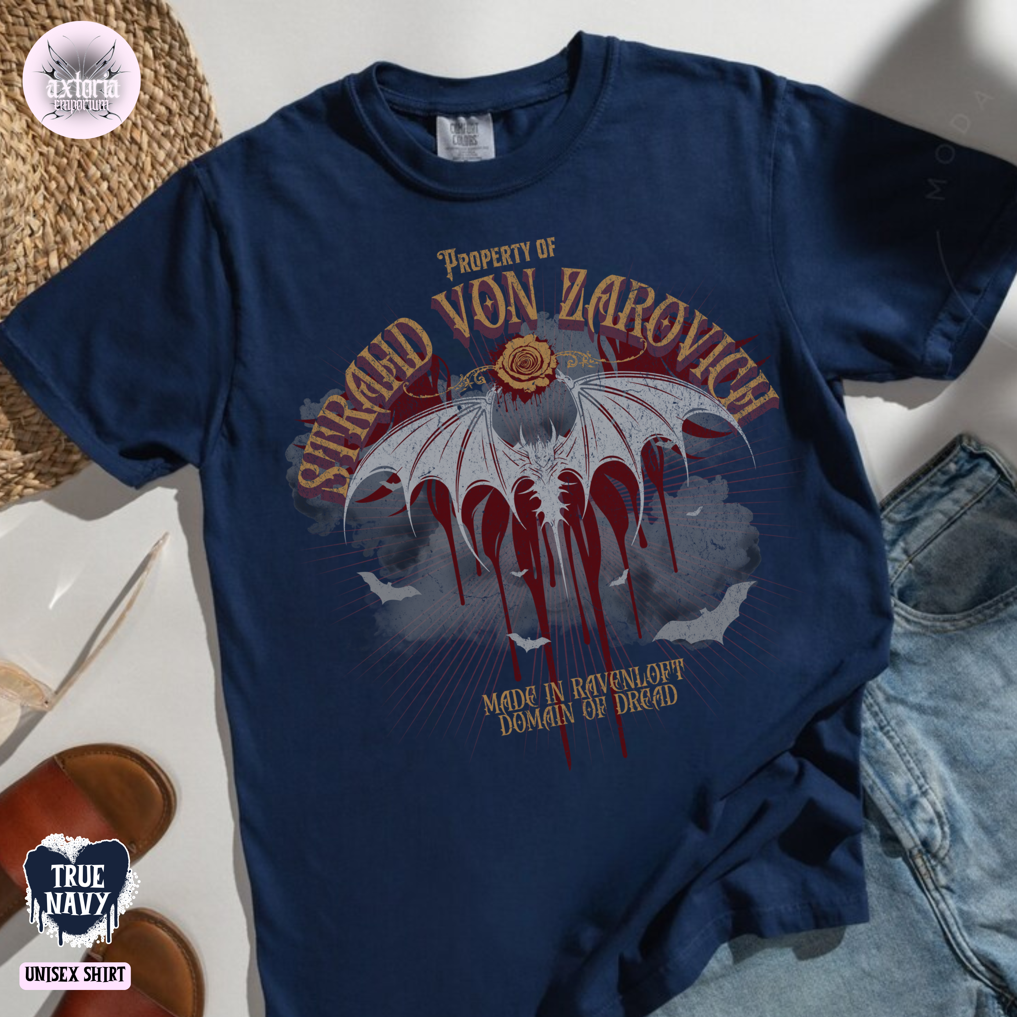 Navy blue Dungeons and Dragons t-shirt with graphic design inspired by Curse of Strahd. It says "Property of Strahd von Zarovich, made in Ravenloft, domain of dread"