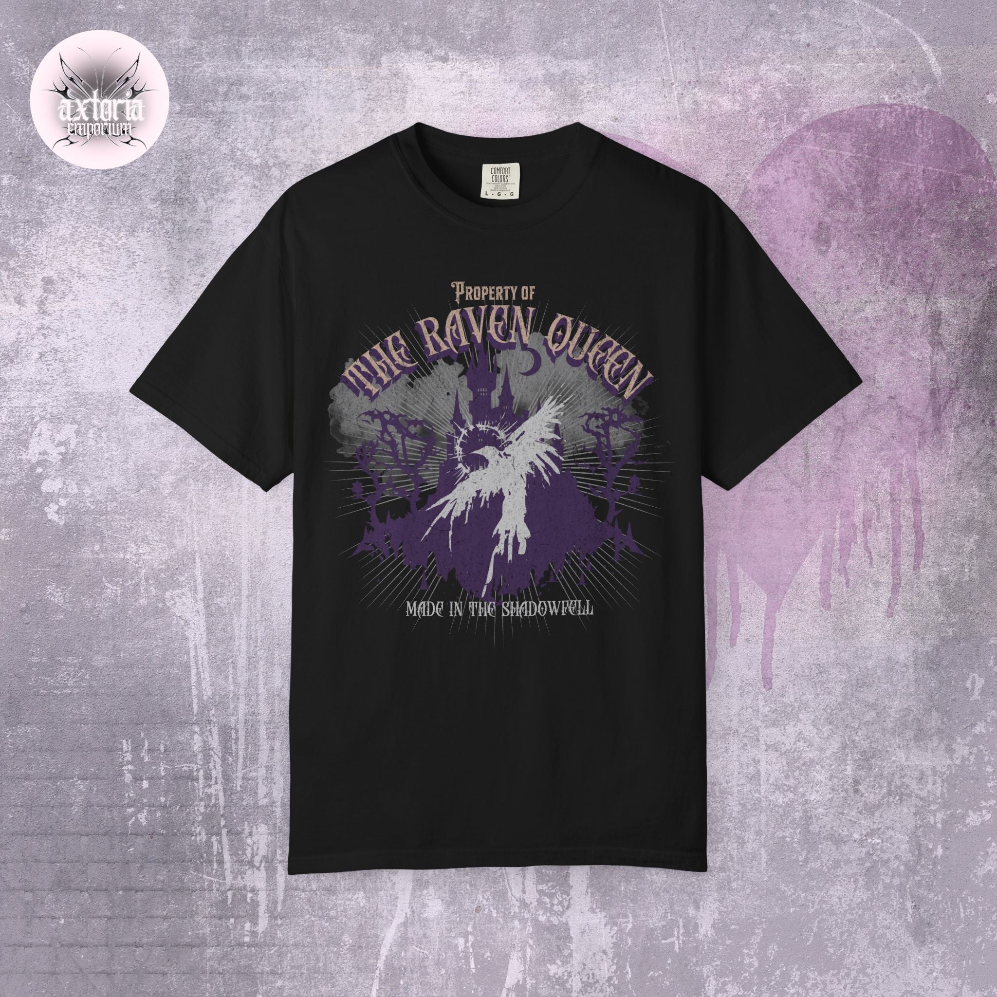 Black DnD t-shirt with a graphic design of a raven and text on a textured gray background.
