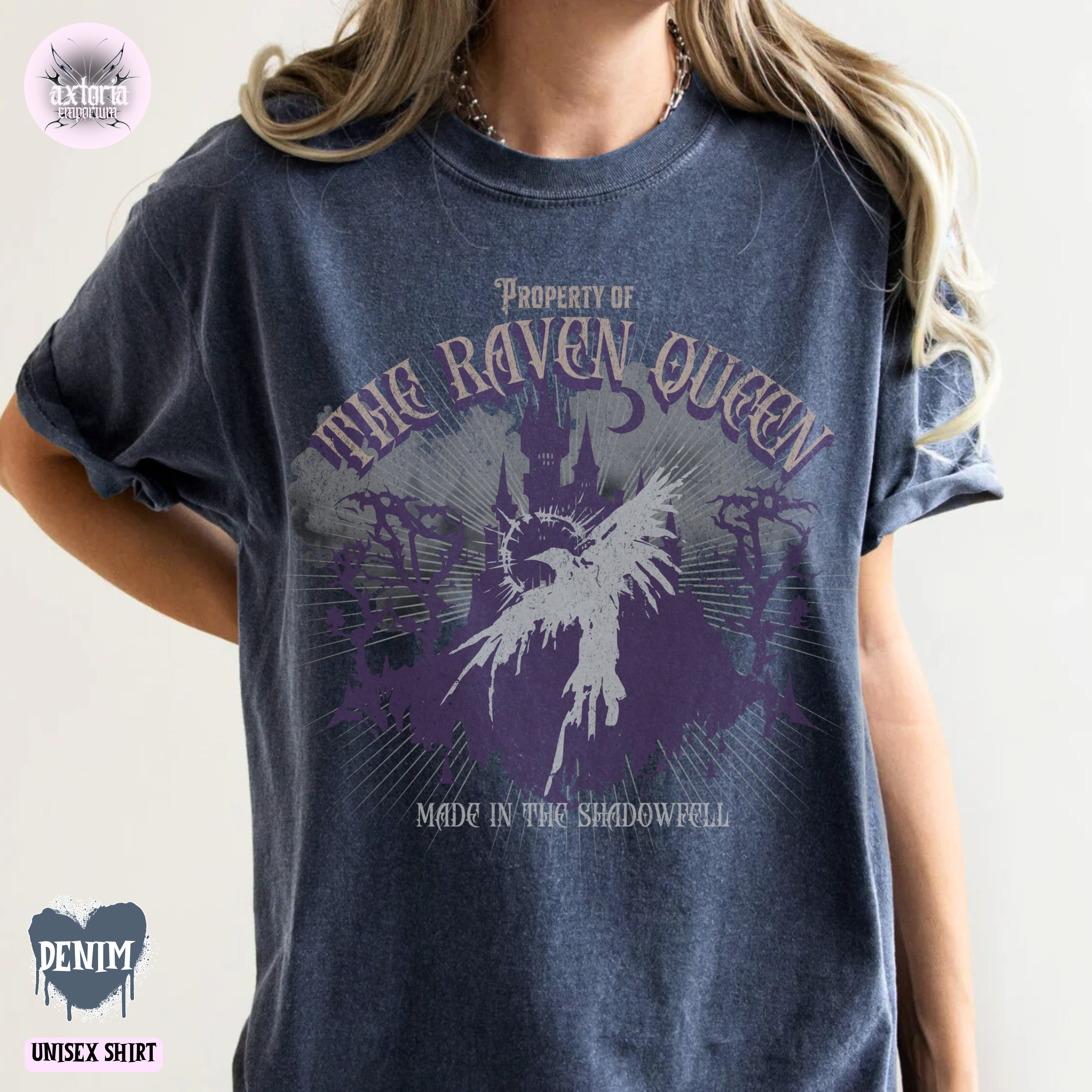 DnD shirt in denim blue with 'Property of the Raven Queen' design for Dungeons & Dragons players and TTRPG fans