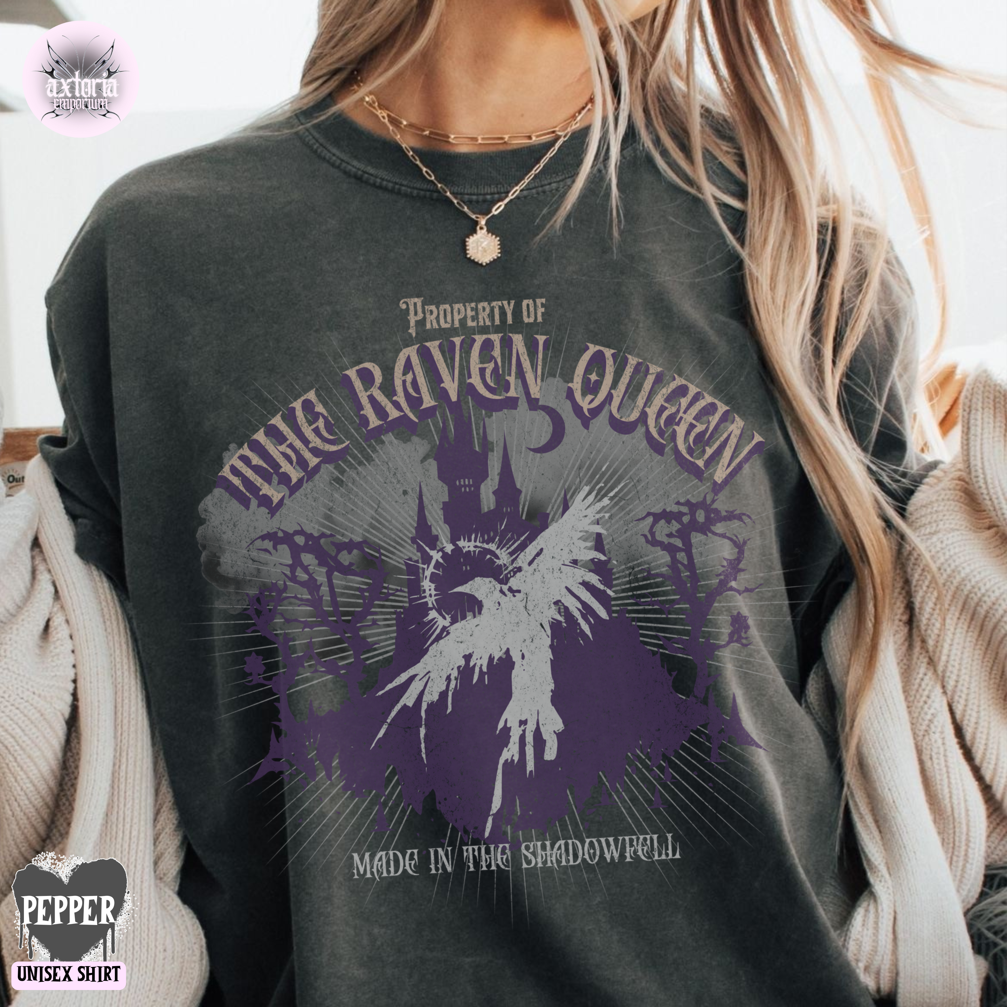 DnD shirt for TTRPG fans with 'Property of the Raven Queen' graphic design on a vintage pepper-coloured shirt