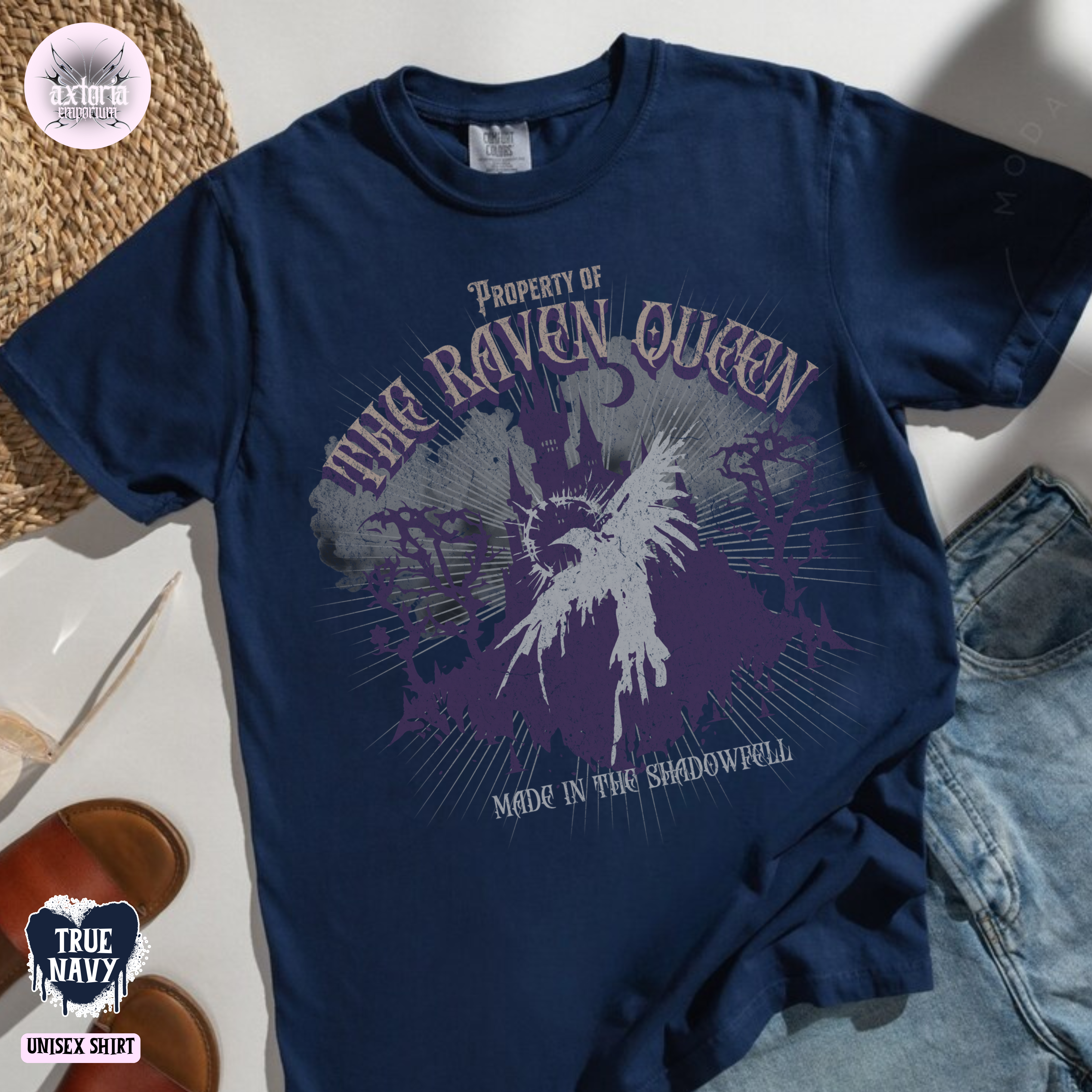 Navy blue Dungeons & Dragons t-shirt with 'Property of the Raven Queen' graphic design on a unisex comfort colors 1717 top, for TTRPG players and tabletop roleplaying fans.