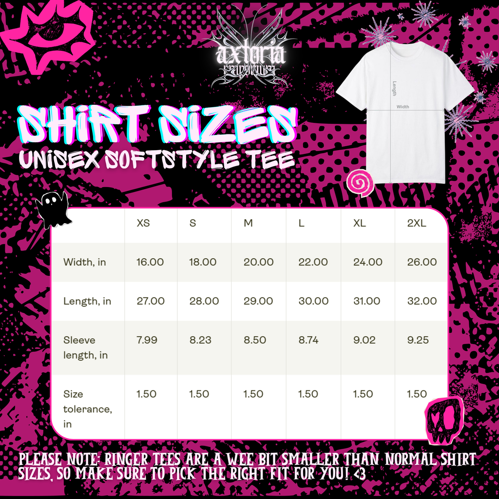 SOMA video game graphic t-shirt size chart